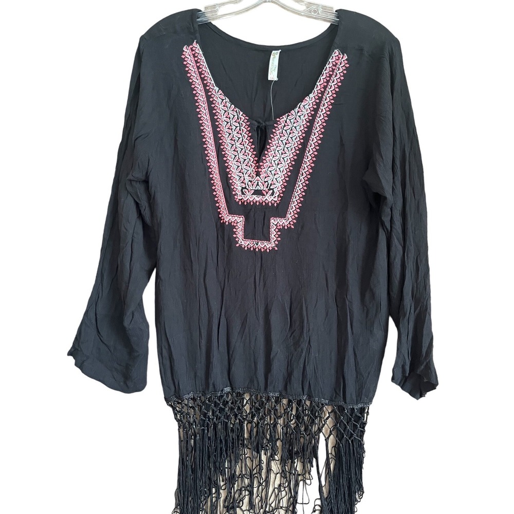 Shoreline Blouse Top Womens 1XL Black Embroidered Pullover Bohemian Vacation